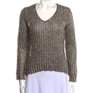 3.1 PHILLIP LIM Metallic Linen Cotton Open Knit V-Neck Sweater Top Small Gold